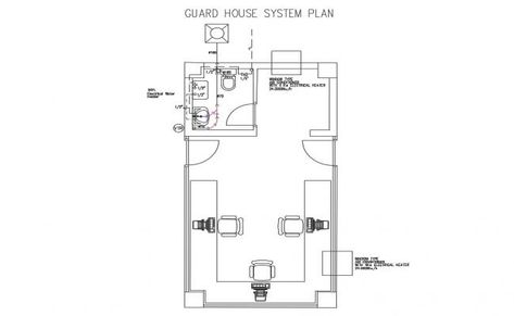 Guard house system plan with sanitary installation details dwg file Guardhouse Design Modern, Security Room Plan, Security Post Design Architecture, Guard House Design Architecture, Guard House Floor Plan, Guardhouse Design, Guard House Design, Security Guard House, College Dump