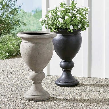 Driveway Planters, Landscape Planters, Front Porch Planter Ideas, Porch Planter Ideas, Stone Pedestal, Black Mondo Grass, Pedestal Planter, Plants Interior, Front Porch Planters