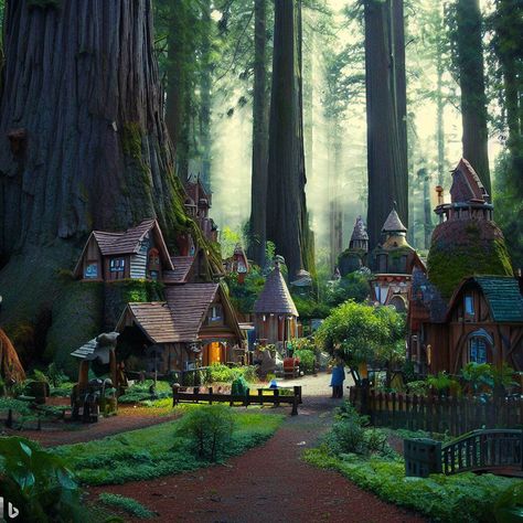 Fairy Village Fantasy Art, Village In The Trees, Wood Elf Village, Village In A Forest, Fairy Village Art, Fantasy House In The Woods, Forest Village Art, Fantasy Forest Town, Forest Village Fantasy Art