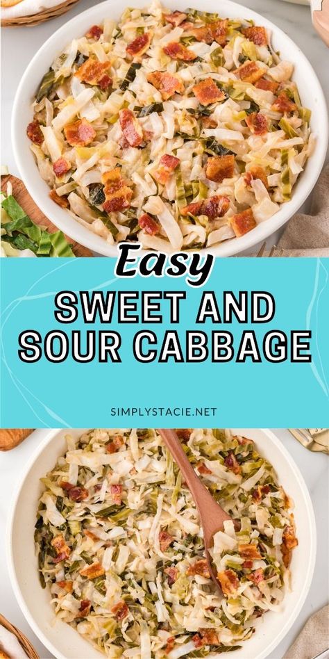 Sweet and Sour Cabbage Everything is better with bacon! This simple cabbage side dish recipe goes great with any meal and is the perfect blend of sweet and sour. Ham And Cabbage Recipe, Ham And Cabbage, Cabbage Side Dish, Sweet And Sour Cabbage, Sour Cabbage, Cabbage Plant, Peanut Butter Chicken, Cabbage Roll Casserole, Cabbage Roll Soup