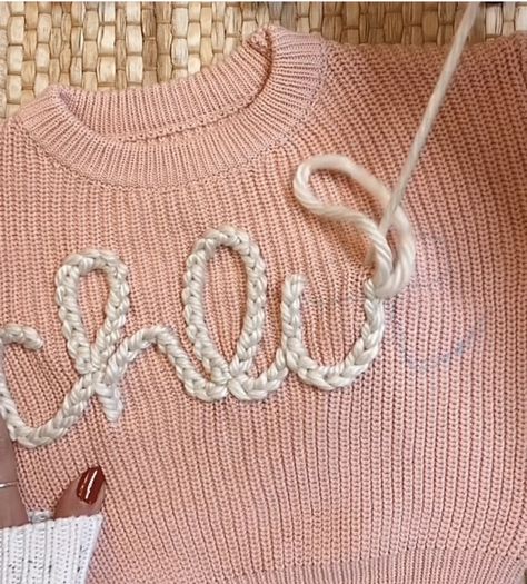 Crochet Letters On Sweater, Chain Stitch Sweater, Embroidered Sweater Diy, Embroidery Sweater Diy, Best Ugly Christmas Sweaters, Hand Embroidery Letters, Ugly Christmas Sweater Ideas, Christmas Sweater Ideas, Sweater Diy