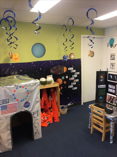 NASA space theme dramatic play center Nasa Dramatic Play, Preschool Dramatic Play, Space Theme Classroom, Space Theme Preschool, Space Play, Space Preschool, Dramatic Play Center, Space Classroom, Dramatic Play Area