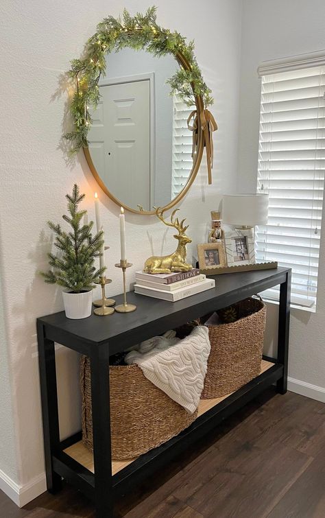 Christmas decorations for entryway console table, elegant gold entryway Holiday decor Holiday Console Table, Christmas Decor On Console Table, Christmas Decorations Console Table, Christmas Decor Hallway Entryway, Hall Table Christmas Decor Ideas, Small Entryway Table Christmas Decor, Small Condo Christmas Decor, Console Table Christmas Decorating, Christmas Hallway Table Decor