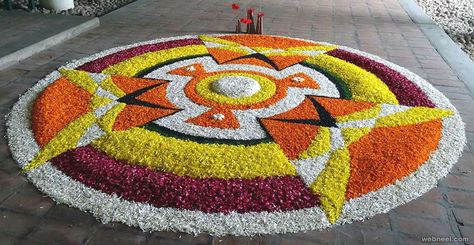 onam pookalam flower Mahabali Onam, Onam Pookalam Design, Onam Pookalam, Pookalam Design, Simple Flower Rangoli, Flower Petal Art, Indian Rangoli Designs, Onam Festival, Colorful Room Decor