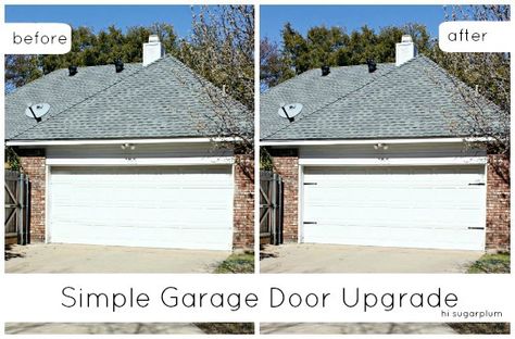 Hi Sugarplum | $15 Garage Door Makeover by hi sugarplum!, via Flickr Garage Door Kit, Double Garage Door, Single Garage Door, Farmhouse Garage, Carriage Garage Doors, Garage Door Windows, Garage Door Hardware, Door Makeover Diy, Garage Door Styles