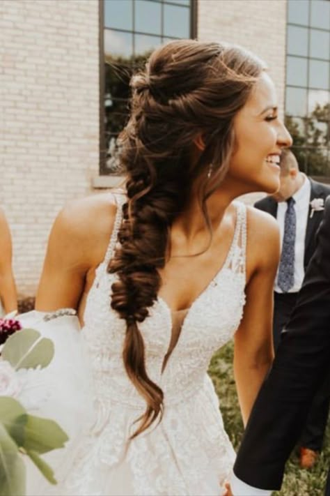 Boho Braid, Braided hairstyle, Bride Hair, Bride Hairstyle Boho Braid For Wedding, Boho Wedding Braided Hairstyles, Wedding Braid With Hair Piece, Braid Hairstyles Bride, Hairdos For Brides, Romantic Wedding Braid, Boho Hair And Makeup Wedding, Boho Hair Brunette, Side Braid For Wedding