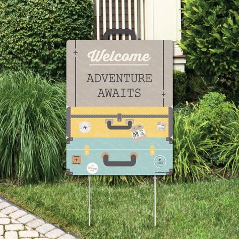 PRICES MAY VARY. World Awaits Yard Sign Decoration INCLUDES Welcome Adventure Awaits corrugated plastic yard sign and 2 sturdy stakes for displaying. PERFECT FOR ANY LOCATION! World Awaits Yard Sign SIZE 17 inches wide x 23 inches tall. Vibrant adventure awaits yard decor is an easy way to decorate for bridal shower, birthday or retirement party. Both adults and kids will love these World Awaits party supplies. Display in front yards of your home or party venue. EASY TO USE: World Travel Lawn De Travel Party Decorations, Travel Theme Bridal Shower, Around The World Theme, Travel Baby Showers, Travel Party Theme, Retirement Party Decorations, Themed Bridal Shower, Adventure Theme, World Party