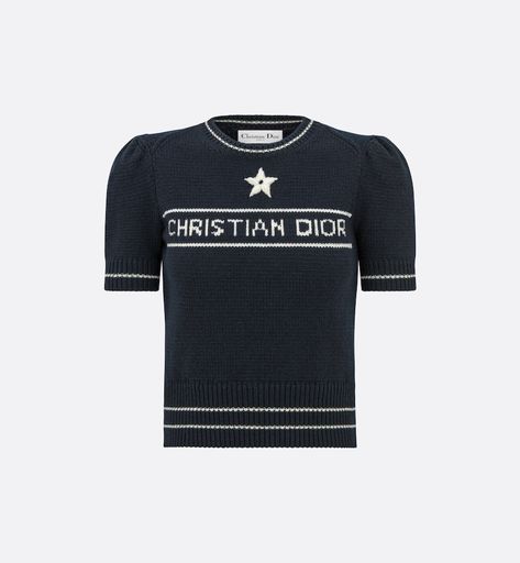 'CHRISTIAN DIOR' Short-Sleeved Sweater Navy Blue Cashmere and Wool Knit | DIOR Denim Swimsuit, Fall Fashion Skirts, Dior Star, Sweater Navy Blue, Christian Dior Couture, Dior Couture, Lucky Star, Mid Length Skirts, Tshirt Skirt