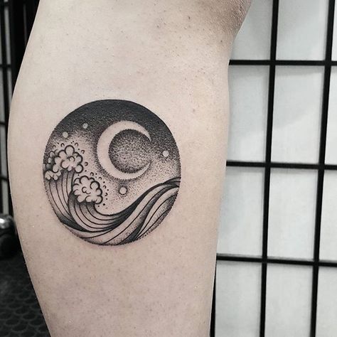 Circular, dot-work crescent moon and waves tattoo Moon And Waves Tattoo, Moon And Sea Tattoo, Moon And Waves, Circular Tattoo, Moon Sea, Tattoo Moon, Crescent Moon Tattoo, Sea Tattoo, Wave Tattoo