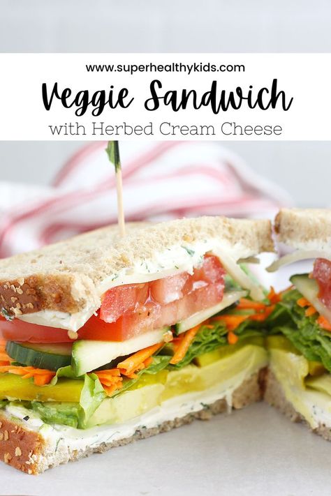 Packed with fresh veggies and a generous layer of homemade herbed cream cheese- this is one Veggie Sandwich that won’t leave you feeling hungry. It’s loaded with flavor and oh-so delicious! #easylunchrecipes #vegetariandinners #sandwichideas Veggie Sandwich With Cream Cheese, Cheese And Veggie Sandwich, Veggie Sandwiches Recipes, Cold Veggie Sandwich, Veggie Subs Sandwich, Cream Cheese Veggie Sandwich, Jimmy Johns Veggie Sandwich Recipe, Roasted Veggie Sandwich Recipes, Homemade Veggie Cream Cheese