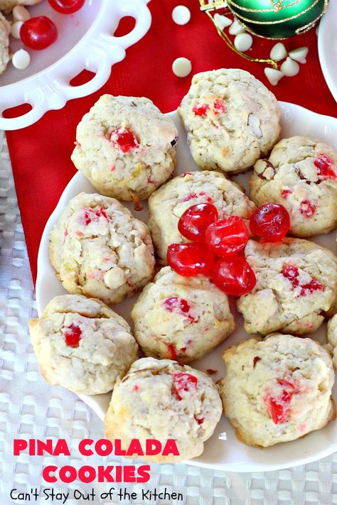 Pina Colada Cookies Pina Colada Cookies, Strawberry Pina Colada, Basic Sugar Cookie Recipe, Candied Cherries, Lose 30 Lbs, Good Cookies, Cherry Coconut, Pina Coladas, Coconut Candy