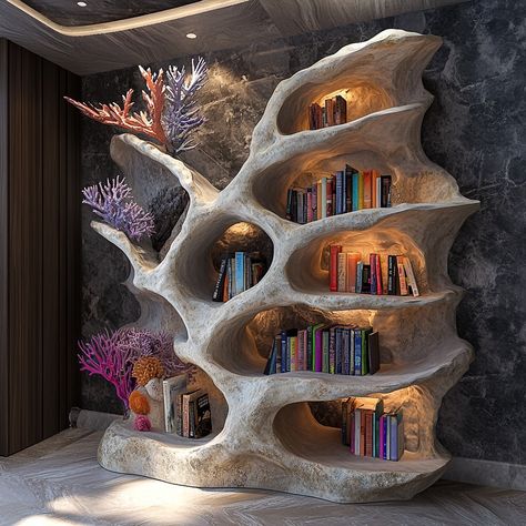 This coral-inspired bookshelf brings the beauty of the ocean into your home, with its organic, branching structure mimicking the intricate forms of underwater reefs. Crafted with flowing, asymmetrical shelves that resemble coral formations, the design creates a stunning visual centerpiece while providing ample space for books and decorative items. The natural curves and soft edges evoke a sense of tranquility and connection to the sea, making this bookshelf both functional and artistic, perfe... Nautical Bookshelf, Nature Inspired Furniture, Curved Bookshelf, Asymmetrical Shelves, Visual Library, Organic Furniture, Soft Edges, Bookshelf Design, Ocean Themes