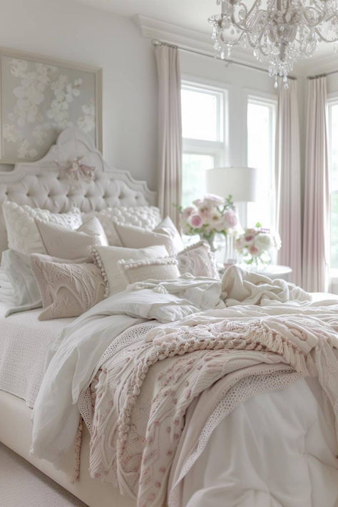 40 Beautiful Neutral Bedroom Designs You'll Fall in Love With Vintage White Bedroom Ideas, Femine Bedroom Ideas Home Decor, Pretty Bedroom Ideas For Women, Feminine Bedroom Ideas For Women, Blush Bedding Bedroom Ideas, Montauk Bedroom, Romantic White Bedroom, Soft Bedroom Ideas, Feminine Bedroom Elegant