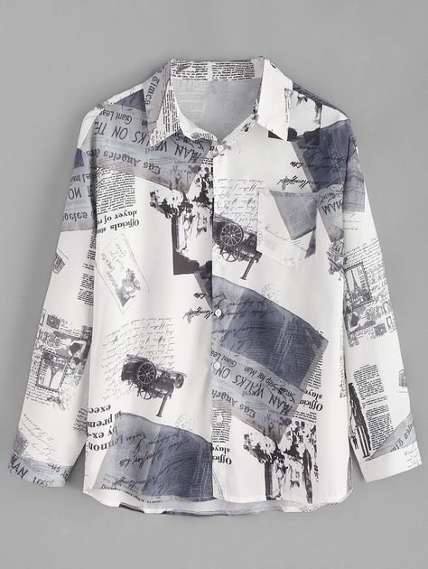 Newspaper Top, Newspaper Shirt, Retro Newspaper, Mens Shirts Online, Mens Fashion Wear, Newspaper Print, Collarless Jacket, Vintage Newspaper, Men Shirt Style