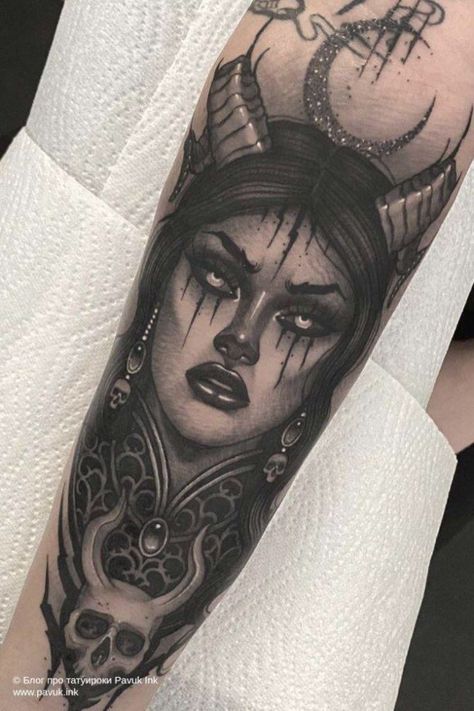 Goddess Of The Night, Satanic Tattoos, Secret Tattoo, Swamp Witch, Vampire Tattoo, Skull Girl Tattoo, Taurus Tattoos, Goddess Tattoo, Pieces Tattoo