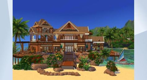 Check out this lot in The Sims 4 Gallery! - Speed Build: https://youtu.be/py5lmKMwVUI | This family dream mansion has three bedrooms and was built on a 50x50 lot in Sulani. Enjoy the beach and the wonderful landscape on this beautiful lot. #IslandLiving #Island #Living #Sulani #Beach #BeachMansion #Mansion #TS4IslandLiving #NoCC #NoMods #MOO #KateEmerald Sims 4 Sulani Mansion, Island Living Sims 4 House, Sims 4 Sulani Beach House, Sims 4 Sulani, Sims Lots, Waterfall House, Los Sims 4, Beach Mansion, Sims 4 Gallery