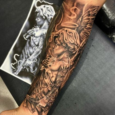 Herren Hand Tattoos, Half Sleeve Tattoo Stencils, Sleeve Tattoos For Guys, Half Sleeve Tattoos Forearm, Half Sleeve Tattoos, Guys Tattoos, Angel Tattoos, Tattoos Arm, Gangsta Tattoos