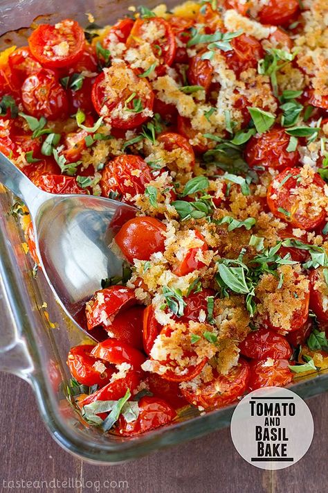 Tomato and Basil Bake - An easy and seasonal side dish using cherry tomatoes and fresh basil, this Tomato and Basil Bake is the perfect late summer side dish. Using Cherry Tomatoes, Taste And Tell, Cherry Tomato Recipes, Tomato Dishes, Summer Side Dishes, Veggie Side Dishes, Tomato Recipes, Vegetable Sides, Side Recipes