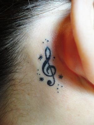 Big Bird Tattoo, Tattoo Behind The Ear, Small Music Tattoos, Behind Ear Tattoos, Matching Friend Tattoos, Music Notes Tattoo, Music Note Tattoo, Ear Tattoos, Girls Tattoo