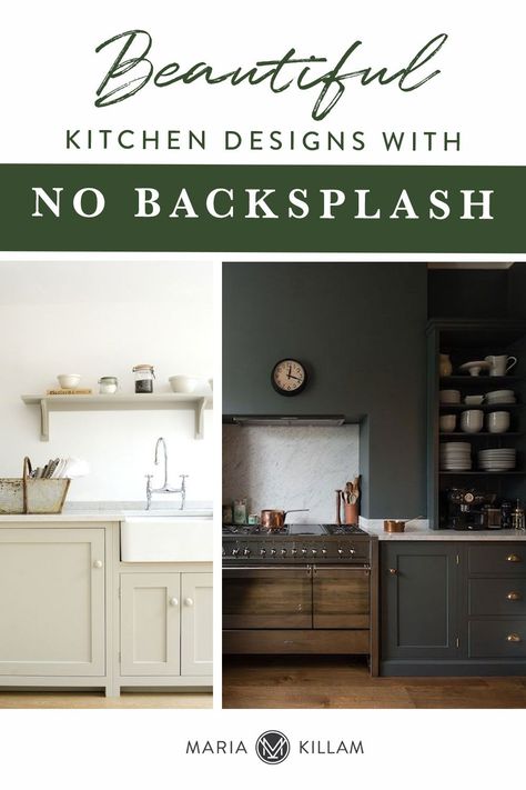 Maybe you’ve seen too many subway tile backsplashes, but also white kitchens in general... and you're looking for something different? Here are some beautiful kitchen designs with no backsplash. Backsplash Kitchen Not Tile, Low Backsplash In Kitchen, Countertop And Backsplash Same Material, Kitchen With No Backsplash Ideas, All Tile Kitchen Walls, No Kitchen Backsplash Ideas, Backsplash Without Upper Cabinets, Kitchen No Backsplash Ideas, No Kitchen Backsplash