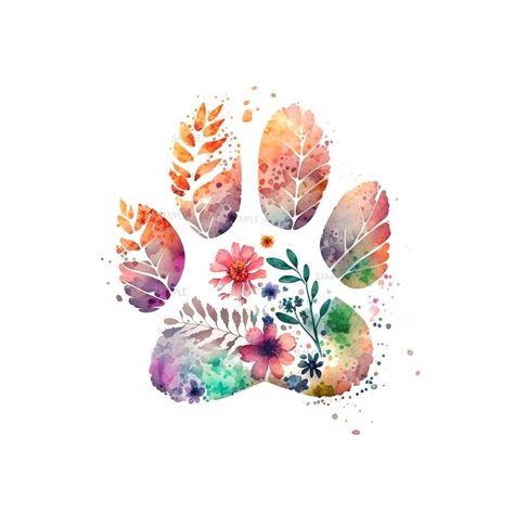 Watercolor Dog Print Tattoo, Paw Print Cover Up Tattoo, Dog Paw Print Flower Tattoo, Watercolour Paw Print Tattoo, Dog Cards Ideas, Paw Print Tattoo With Flowers, Paw Print Flower Tattoo, Floral Paw Print Tattoo, Pet Paw Print Tattoo