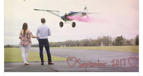 Gender Reveal With Airplane, Pilot Gender Reveal, Pilot Baby Announcement, Airplane Gender Reveal Ideas, Plane Gender Reveal, Airplane Gender Reveal, Baby Airplane, 2nd Pregnancy Announcements, Pregnant Announcement