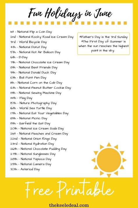 Fun and Wacky Holidays in June - free printable list of fun national days to celebrate with your kids in June. Silly National Holidays, June Holidays 2024, June National Days 2024, May Holidays 2024, June To Do List, National Days Calendar 2023, Fun Holidays To Celebrate, Things To Do In June, List Of National Days