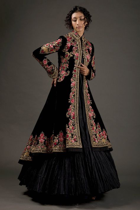 Shop for Rohit Bal Black Silk Velvet Embroidered Long Jacket for Women Online at Aza Fashions Fancy Maxi Dresses, Long Jacket For Women, Fancy Maxi, Fancy Maxi Dress, Long Jacket Dresses, Long Jackets For Women, Maxi Dress Designs, Velvet Dress Designs, Maxi Dress Collection