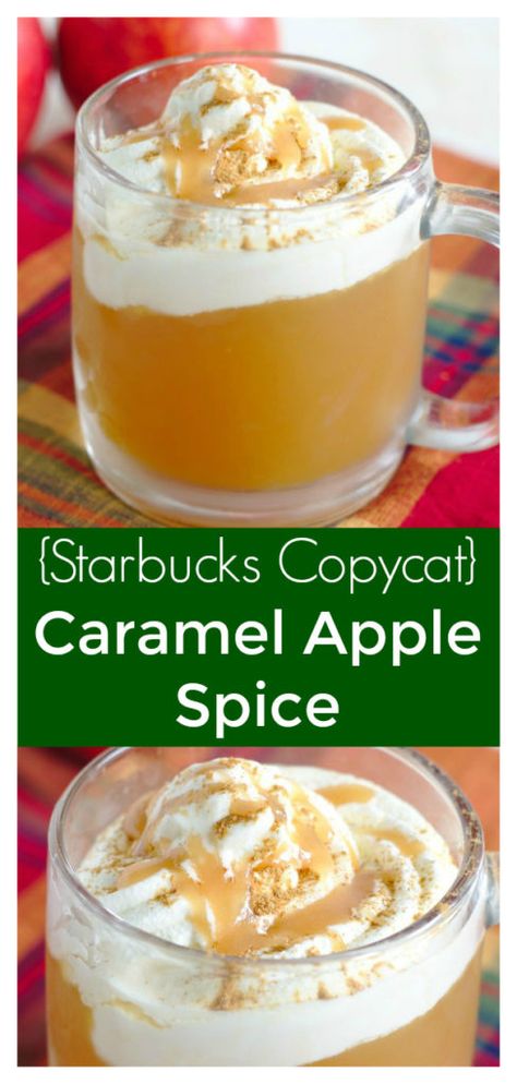 Copycat Snacks, Starbucks Caramel Apple Spice, Caramel Apple Cider Recipe, Caramel Apple Cider, Fall Starbucks, Apple Cider Drink, Caramel Apple Spice, Apple Drinks, Apple Cider Recipe