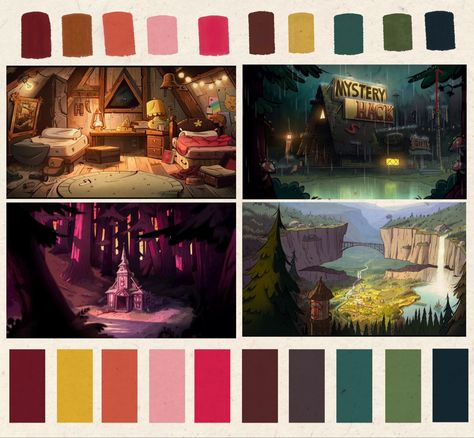 Concept Art Color Palette, Environment Colour Palette, Colour Palette For Illustration, Illustrations Color Palette, Colour Script Animation, Gravity Falls Landscape, Fantasy Color Palette Concept Art, Movie Pallets Color Palettes, Apocalypse Color Palette