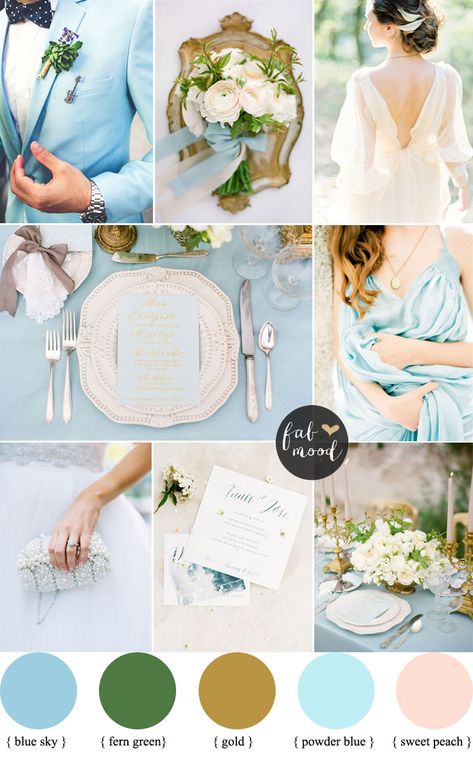 This blue sky wedding palette is For most bride the iconic,Today Fab Mood's palette is a palette of White Gold ,Soft Peach and Blue Sky Wedding for elegance Peach Wedding Theme, Sage Wedding Colors, Sky Blue Weddings, Sky Wedding, Baby Blue Weddings, Rustic Beach Wedding, Blue White Weddings, Gold Wedding Colors, Gold Wedding Theme