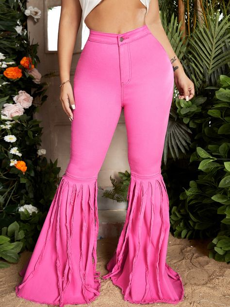 Pink Flared Jeans, Hot Pink Denim, Costume Inspo, Pink Denim, Girl Halloween, Flare Leg Pants, Halloween Costumes For Girls, Pink Ruffle, Flared Jeans