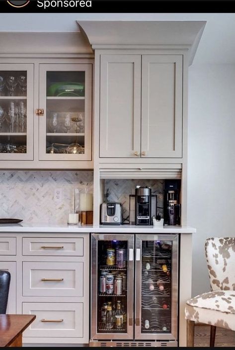 Coffee Bar Ideas Next To Fridge, Under Counter Drink Fridge, Dining Room Built In Coffee Bar, Drink Station In Kitchen, New Cabinet Design, Coffee Bar Built In Kitchen, Hide Coffee Maker In Kitchen, Built In Appliance Cabinet, Pantry With Mini Fridge