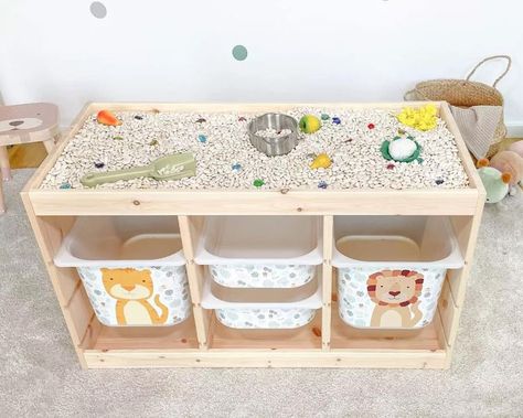 Sensory Play | I’m sure this has been said a million times already but all trofast units can be flipped upside down, as can the rails underneath | Facebook Ikea Kids Table, Ikea Montessori, Ikea Flisat Table, Trofast Ikea, Ikea Antilop, Ikea Duktig, Ikea Trofast, Baby Sensory Play, Ikea Kids