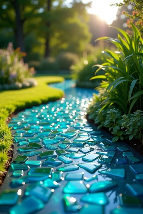 A garden path made of shiny blue tiles winds through lush greenery. Beautiful Garden Ideas, Garden Border Ideas, Concrete Curbing, Flower Borders, Metal Edging, Gabion Wall, Border Ideas, Garden Border, Wall Borders