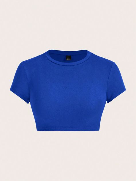 SHEIN ICON Summer Women's Short Sleeve Tight-Fitting Short T-Shirt With Casual And Versatile Round NeckI discovered amazing products on SHEIN.com, come check them out! Very Short Crop Tops, Tops Azul, Royal Blue Crop Top, Ballet Shirts, Strapless Shirt, Dark Blue Shirt, Hoodie Drawing, Blue Crop Top, T Shirt Png