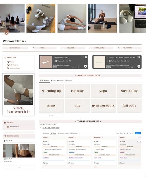 Fitness Planner Notion Template, Workout Planner Aesthetic, Gym Notion Template, Gym Notion, Notion Fitness Template, Notion Workout Template, Fitness Notion Template, Dark Notion, Notion Dashboard Ideas Aesthetic