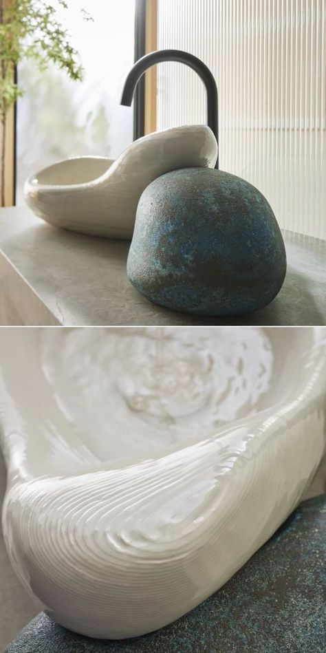 The 3D-printed ceramic sink rests against a rock-shaped form cast from brass with a minimalist black tap complementing the overall look. The sink improves the level of graciousness when it comes to your bathroom and kitchen. Rock Sink, Master Ensuite Bathroom, Artistic Bathroom, Big Basin, Unique Sinks, Smart Faucet, Bathroom Ceramic, Ceramic Bathroom Sink, Daniel Arsham