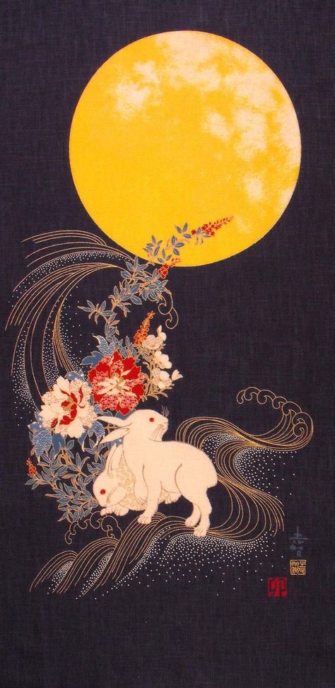 In Japanese folklure, the rabbit (usagi) resides on the moon pounding rice for omchi (rice cake). Waves Filler Tattoo, Dark Japanese Art, Japanese Rabbit Tattoo, Year Of The Rabbit Art, Rabbit Art Illustration, Orientalism Art, Folklore Illustration, Rabbit On The Moon, Japanese Rabbit