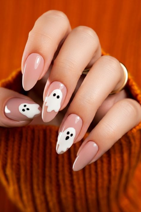 #nailart #naildesigns #nailinspiration #nailsofinstagram #nailgoals #nailtrends #nailfashion #nailcare #nailpolish #nailobsessed Fall Nails Ideas Autumn Halloween, Cute Nails For Fall Ghost, Cute Halloween Manicure Ideas, Nail October 2024, Simple Gel Nail Designs Halloween, Halloween Almond Nails Design Simple, Simple Nail Designs Fall 2024, Acrylic Nail Designs Halloween Simple, Nail Art October