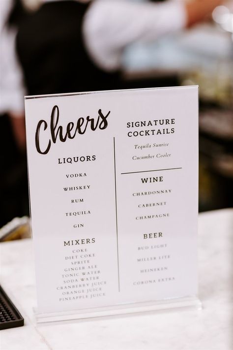 Vodka Drinks Wedding, Wedding Open Bar Checklist, Drinks At Wedding Reception, Drink List For Wedding, Wedding Drink List, Open Bar Menu Wedding, Custom Wedding Drinks, Fun Wedding Cocktails, Cocktail Menu Wedding Bar Ideas