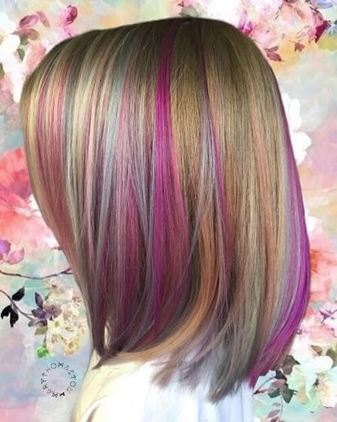 medium length rainbow hair Rainbow Hair Color Ideas, Hidden Rainbow Hair, Kids Hair Color, Hidden Hair Color, Blonde Dye, Hair Dyed, Girl Hair Colors, Hair Color Underneath, Rainbow Hair Color