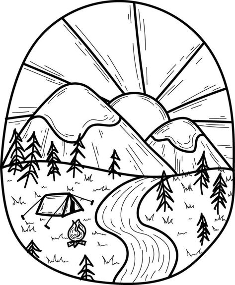 Doodle cute mountains forest nature hike tent isolated line logo Hand drawn vector illustration coloring Sketch for a tattoo Mountains Doodle, Nature Doodles, Logo Hand Drawn, Doodle Cute, Nature Hike, Mountains Forest, Line Logo, Nature Background Images, Mountain Drawing