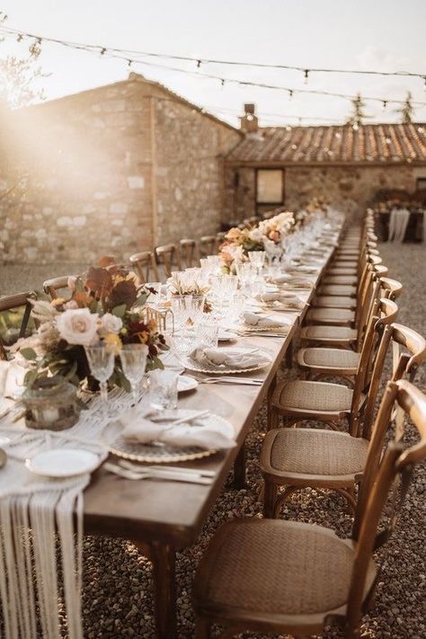 Outdoor Dinner Party, Tuscan Wedding, Outdoor Dinner, Boho Chic Wedding, Boho Wedding Decorations, Future Wedding Plans, Neutral Wedding, Long Table, Wedding Table Settings