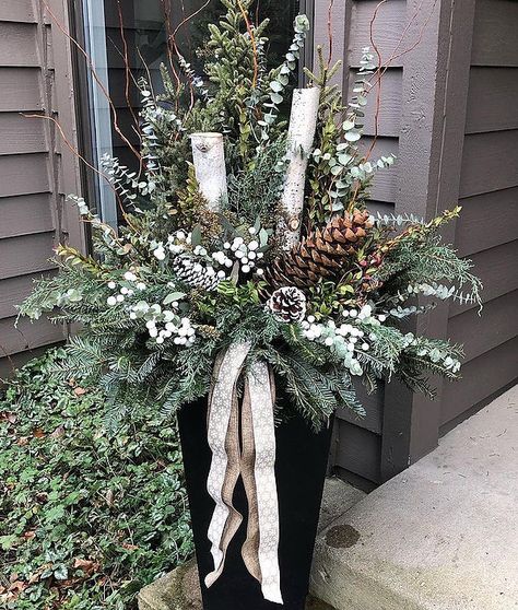 Holiday Planter Ideas | TierraVerde Recycled Rubber Planters Winter Tall Planter Ideas, Urn Christmas Decor, Large Outdoor Christmas Planter Ideas, Diy Outdoor Winter Planter, Front Porch Winter Planters, Deborah Silver Winter Planters, Winter Planter Box Ideas, Holiday Planter Ideas, Diy Christmas Planter