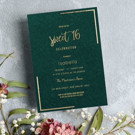 Elegant forest green gold floral lace Sweet 16 Invitation Dark Green Sweet 16 Invitations, Sweet 16 Decorations Green And Gold, Dark Green Sweet 16 Theme, Forest Green Quinceanera Theme, Sweet 16 Green Theme, Green Sweet 16 Theme, Green Quinceanera Theme, Classy Birthday Party, Quinceanera Theme