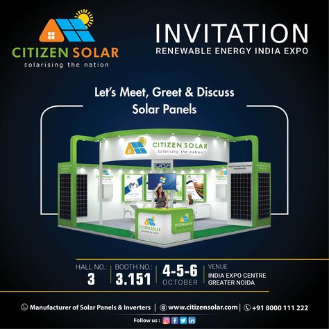 Let's Meet, Greet and Discuss Solar Panels! 📍 Venue: India Expo Center, Greater Noida 🗓️ Date: 4, 5, 6 October 2023 ▶ Hall No: 3 🔖 Booth No: 3.151 Contact Details: 📱 +91 8000 111 222 📧 info@citizensolar.com 🌐 www.citizensolar.com #reiexpo #reiexpoindia #exhibition #solarexhibition #invitation #solarmodule #expo2023 #solarenergy #solarpower #solarpanels #solarpanel #solarpanelsystem #solarmodule #delhi #noida #greaternoida #CitizenSolar #makeinindia #aatmanirbharbharat Expo Invitation, Exhibition Invitation, Poster Idea, Expo Center, Solar Module, Invitation Design Template, Solar Panel System, Greater Noida, Diamond Free