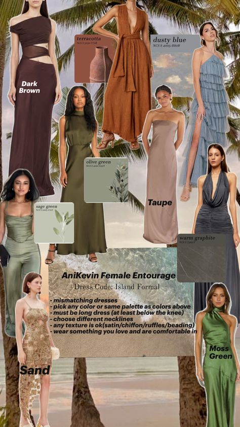 Island formal earth tone wedding guest attire Wedding Motif Color, Island Wedding Dresses, Bridesmaid Dresses Color Palette, Formal Wedding Guest Attire, Earth Tone Wedding, Wedding Reception Guest, Philippine Wedding, Earth Tone Dress, Wedding Guest Attire