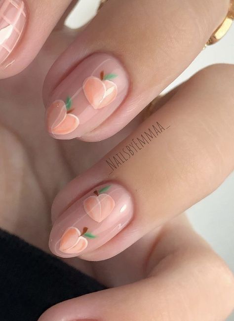 Peach Nail Art Fruit, Peach Themed Nails, Peach Nail Design Ideas, Peach Design Nails, Peach Fruit Nails, Peach Nail Designs, Peach Nail Art, Color Durazno, Pretty Manicures