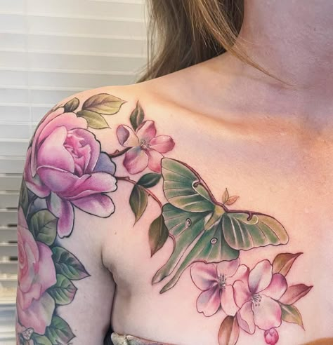 Luna Moth Tattoo Design Color, Beautiful Floral Tattoos, Colorful Chest Tattoo Female, Lunar Moth Tattoo Color, Realistic Luna Moth Tattoo, Luna Moth Elbow Tattoo, Luna Moth With Flowers Tattoo, Moth Peony Tattoo, Luna Moth Shoulder Tattoo